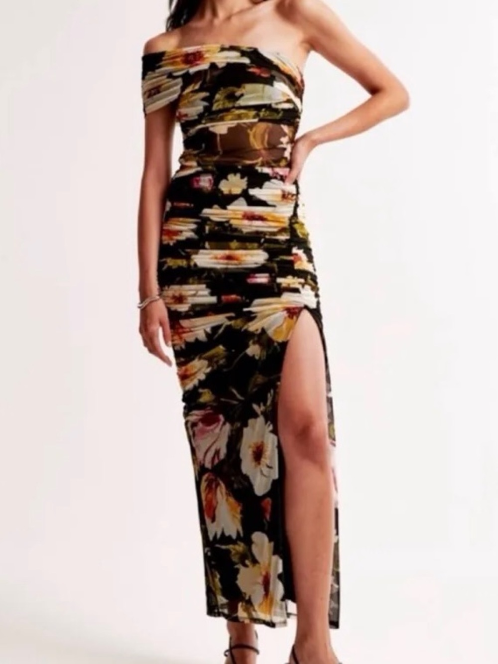 Abercrombie & Fitch Black Floral One-Shoulder Side-Slit Maxi Dress